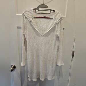 Wave Zone White Ribbed Hooded Tunic Top Size M Beach Cover-Up Long Sleeve V-Neck